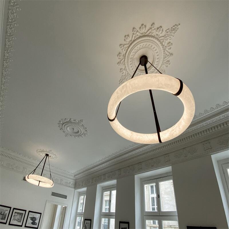 Halo Ring Alabaster Chandelier With Canopy Over Dining Table