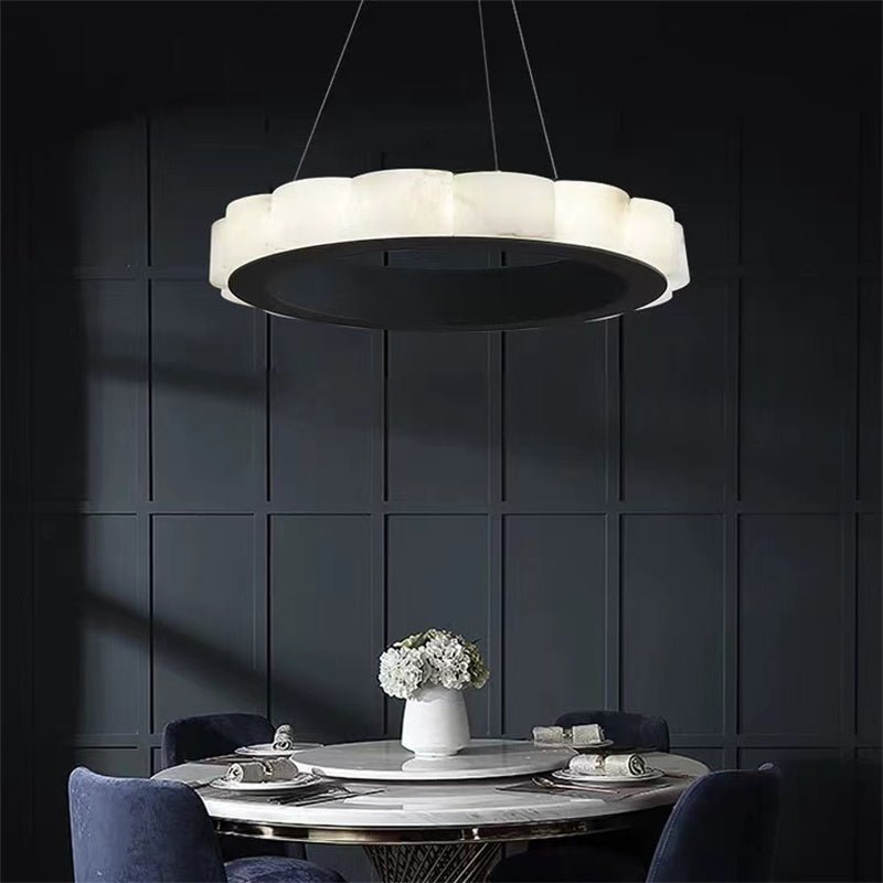 Modern Alabaster Round Black Chandelier Over Dining Table