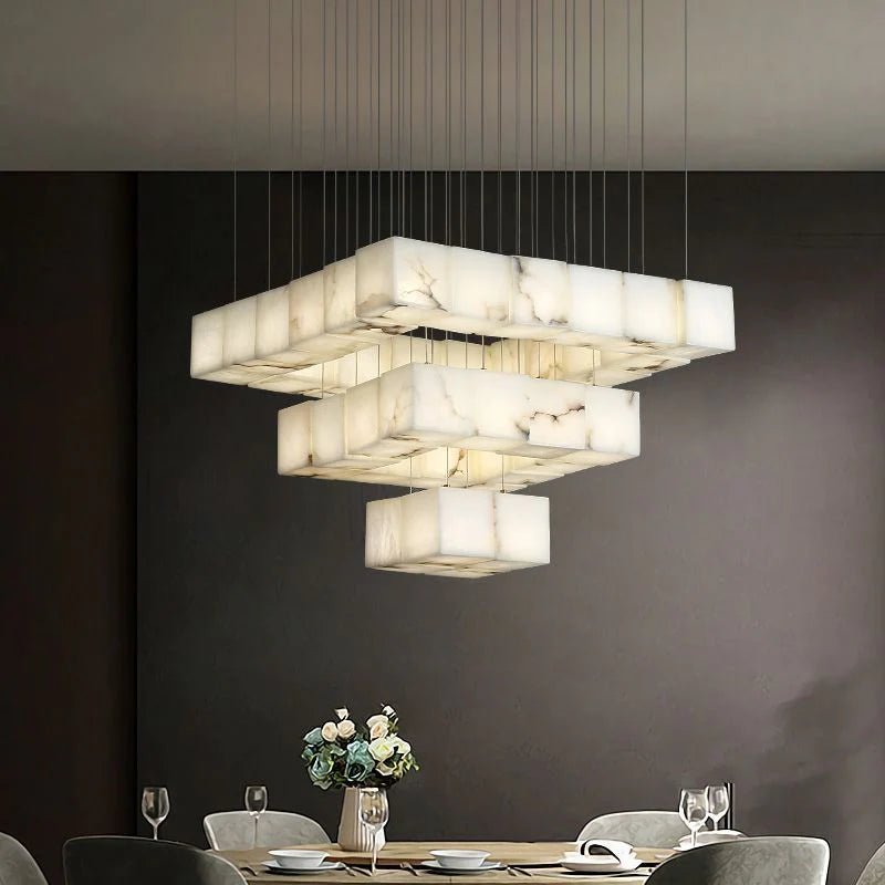 Alabaster Cubic Round Brass Chandelier  For Dining Table